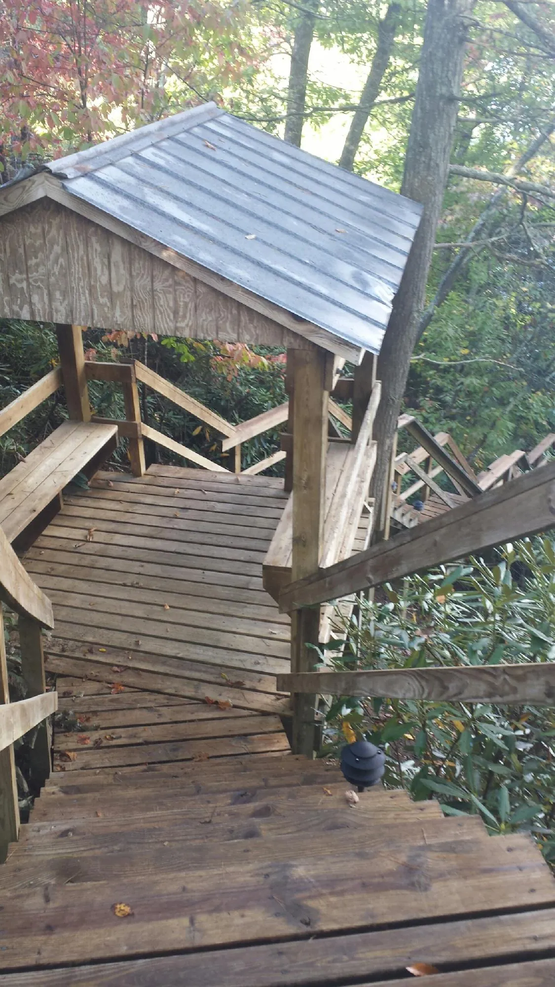 Metal roofed shelter over wooden steps on a wooded walkway — Skylight Repair & Installation work by our crew in Grapevine
